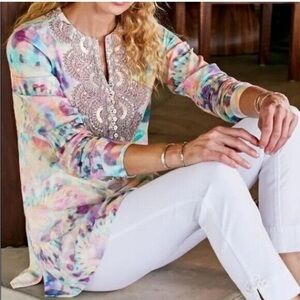 Soft Surroundings Bazille Tie Dye Watercolor Rainbow Beaded Tunic Top Blouse L